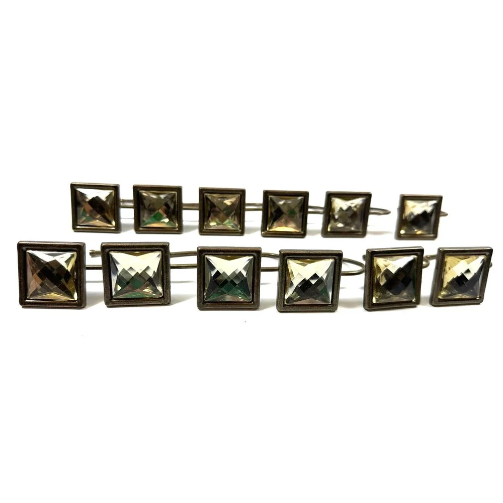 Rhinestone Shower Curtain Hooks Yellow Gold Faceted Square Geometric 12 Pc